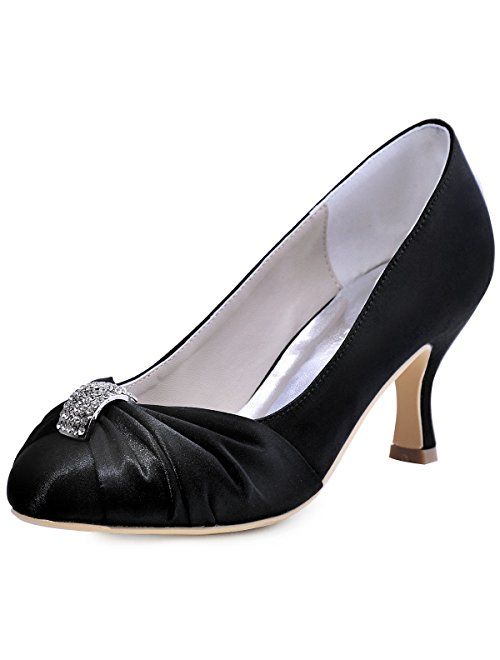 ElegantPark Women Pumps Mid Heel Closed Toe Brooch Ruched Satin Evening Prom Wedding Shoes
