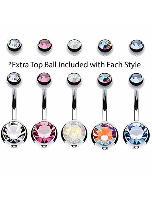 BodyJ4You 5PC Belly Button Rings 14G Stainless Steel CZ Girl Women Navel 5 Replacement Balls Pack