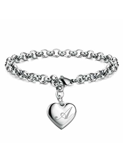 Initial Charm Bracelets Stainless Steel Heart 26 Letters Alphabet Bracelet for Women, Valentine's Day Gifts