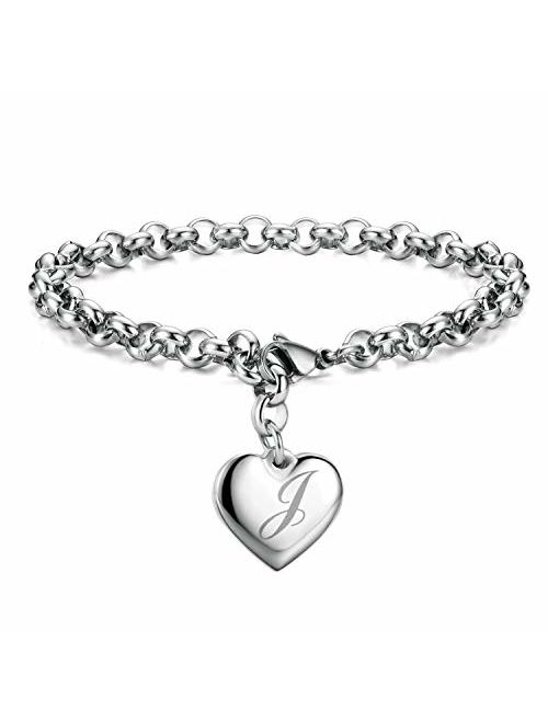 Initial Charm Bracelets Stainless Steel Heart 26 Letters Alphabet Bracelet for Women, Valentine's Day Gifts
