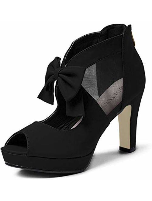 GATUXUS Open Toe Women Platform High Heel Shoes Bows Strappy Sandals