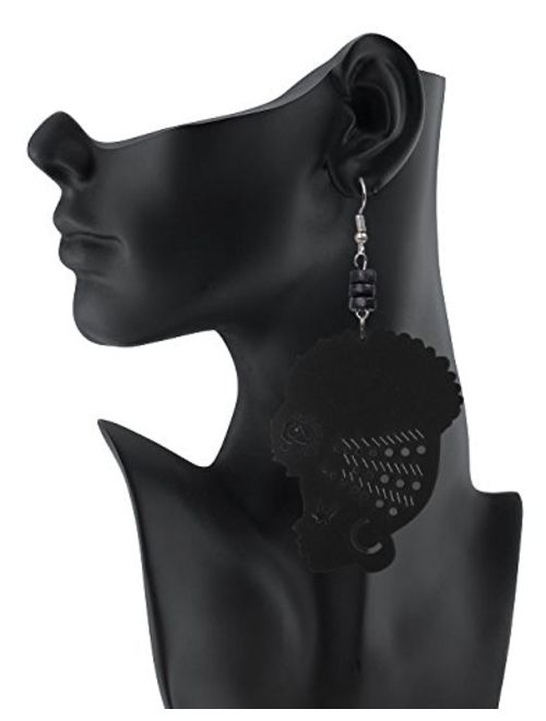 Wooden Flower Turban African Woman Head and Bead Dangle Hook Earrings