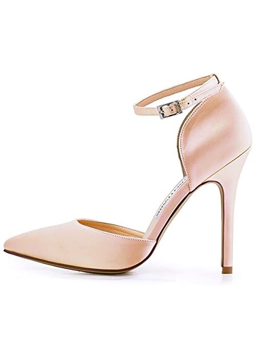 ElegantPark Pointed Toe Heels for Women Ankle Strap Wedding Bridal Shoes D'Orsay High Heel Pumps Satin Evening Party Dress Shoes