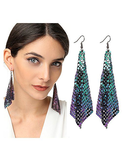 Suyi Trendy Women Earrings Metal Mesh Grid Sequins Tassel Long Drop Dangle Earrings