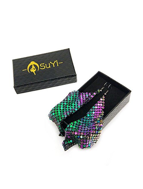 Suyi Trendy Women Earrings Metal Mesh Grid Sequins Tassel Long Drop Dangle Earrings