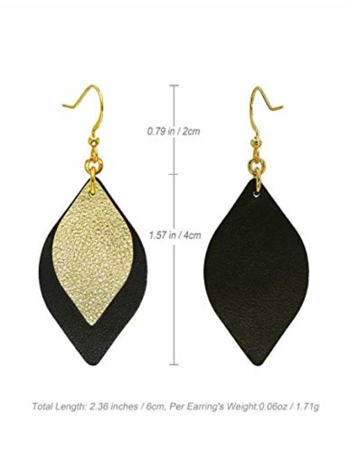 Missaqua Genuine Leather Earrings for Women Layer Metallic Leather Leaf Drop Earrings 