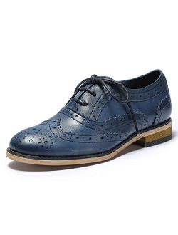 Mona flying Womens Leather Perforated Lace-up Oxfords Brogue Wingtip Derby Saddle Shoes for Girls ladis Womens