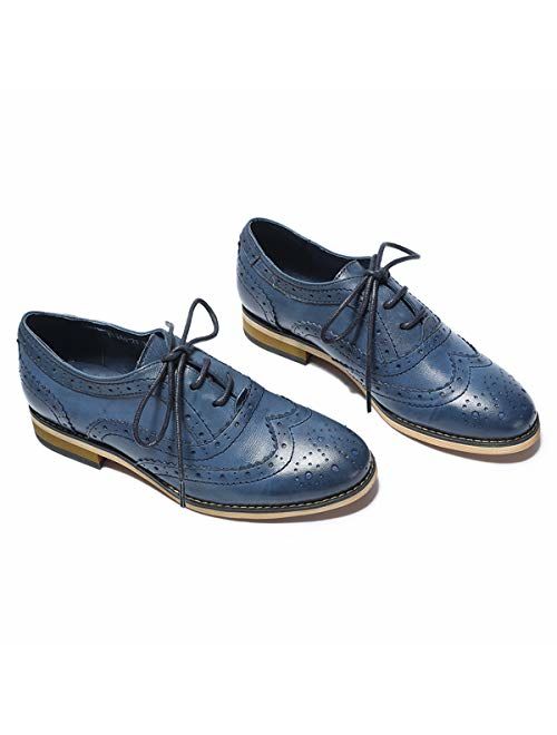 Mona flying Womens Leather Perforated Lace-up Oxfords Brogue Wingtip Derby Saddle Shoes for Girls ladis Womens