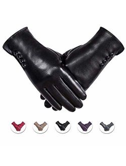 Winter PU Leather Gloves For Women, Warm Thermal Touchscreen Texting Typing Dress Driving Motorcycle Gloves With Wool Lining