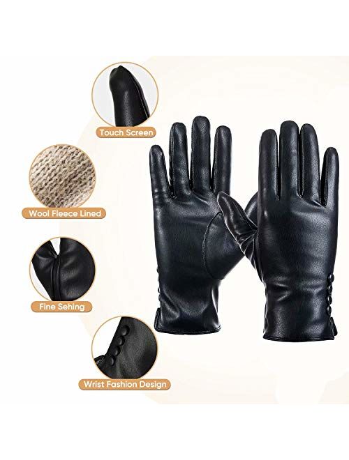 Winter PU Leather Gloves For Women, Warm Thermal Touchscreen Texting Typing Dress Driving Motorcycle Gloves With Wool Lining