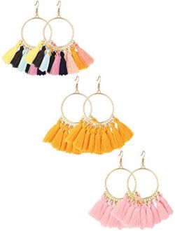 Gejoy Tassel Hoop Earrings Fan-shaped Drop Earrings Dangle Eardrop for Women Girls Party Bohemia Dress Accessory, 3 Pairs