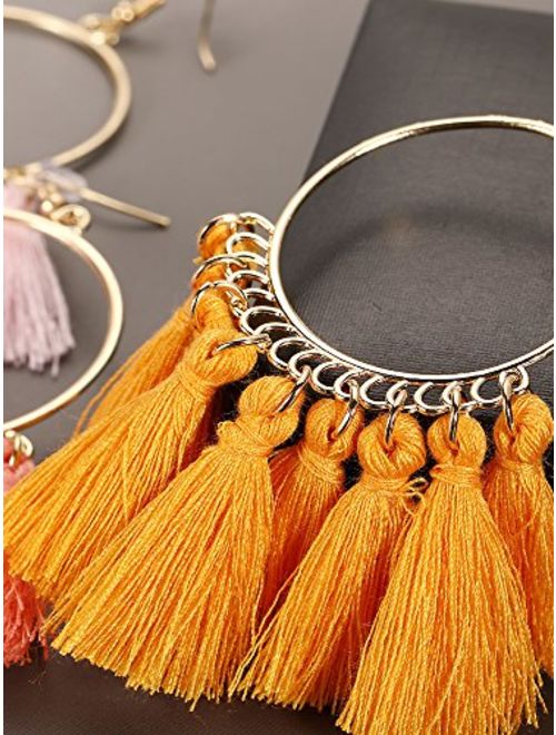 Gejoy Tassel Hoop Earrings Fan-shaped Drop Earrings Dangle Eardrop for Women Girls Party Bohemia Dress Accessory, 3 Pairs
