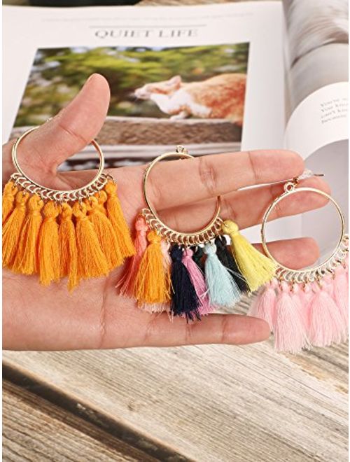 Gejoy Tassel Hoop Earrings Fan-shaped Drop Earrings Dangle Eardrop for Women Girls Party Bohemia Dress Accessory, 3 Pairs