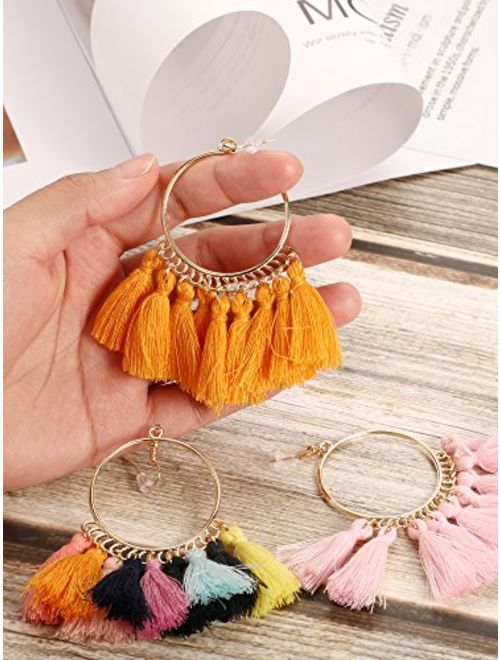 Gejoy Tassel Hoop Earrings Fan-shaped Drop Earrings Dangle Eardrop for Women Girls Party Bohemia Dress Accessory, 3 Pairs