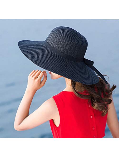 Women's Wide Brim Sun Protection Straw Hat,Folable Floppy Hat,Summer UV Protection Beach Cap