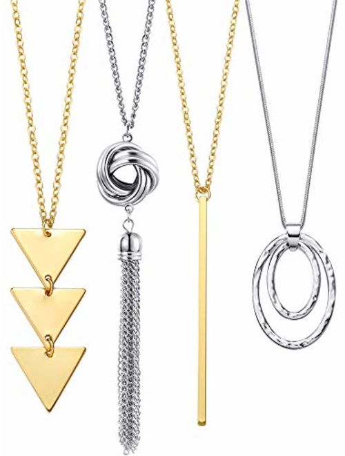 Long Pendant Necklace Set, Layer Simple Bar Necklace Tassel Y Strands for Women (Style 1, 4 Pieces)