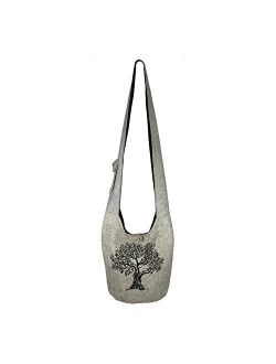 Fair Trade Large Sling Crossbody Shoulder Bag Purse Hippie Hobo Gypsy Bohemian, Grey Tree