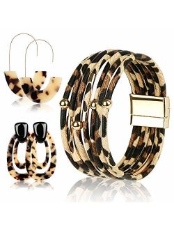 OKROSTOY 3Pcs Leopard Print Earrings Cheetah Earrings Leopard Jewelry Set for Women, Leopard Print Bracelet Multilayer Leather Cuff Bracelet and Leopard Leather Earrings 