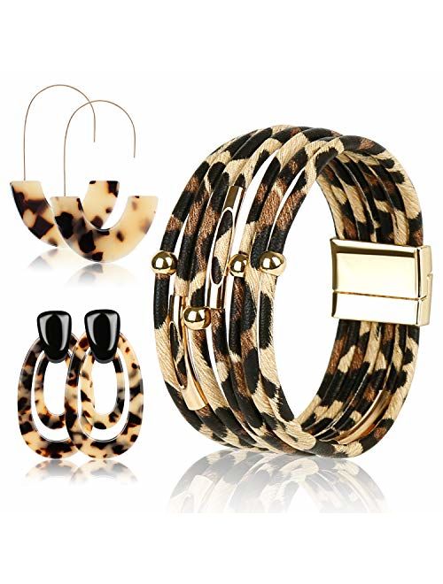 OKROSTOY 3Pcs Leopard Print Earrings Cheetah Earrings Leopard Jewelry Set for Women, Leopard Print Bracelet Multilayer Leather Cuff Bracelet and Leopard Leather Earrings 