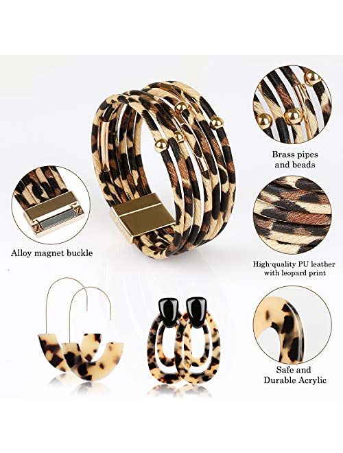 OKROSTOY 3Pcs Leopard Print Earrings Cheetah Earrings Leopard Jewelry Set for Women, Leopard Print Bracelet Multilayer Leather Cuff Bracelet and Leopard Leather Earrings 