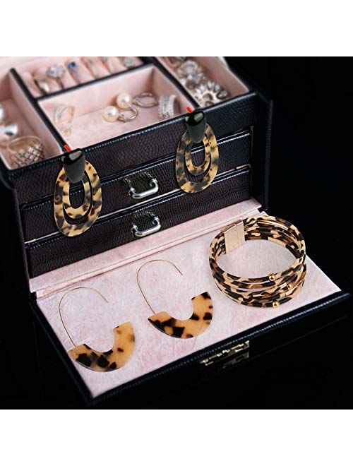 OKROSTOY 3Pcs Leopard Print Earrings Cheetah Earrings Leopard Jewelry Set for Women, Leopard Print Bracelet Multilayer Leather Cuff Bracelet and Leopard Leather Earrings 