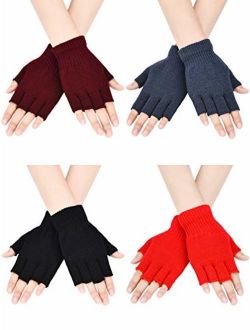 Bememo 4 Pairs Fingerless Gloves Half Finger Mittens Winter Solid Color Knitted Typing Gloves for Boys and Girls