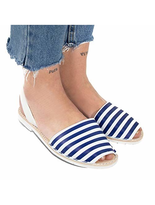 AVARCAS 101 Sandals for Women - Comfy Flats Made by artisans in Spain with Premium Leather (US 8.5-9 (EU 39), Sea Stripes)