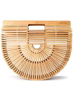 Vintga Bamboo Handbag Handmade Tote Bamboo Purse Straw Beach Bag for Women