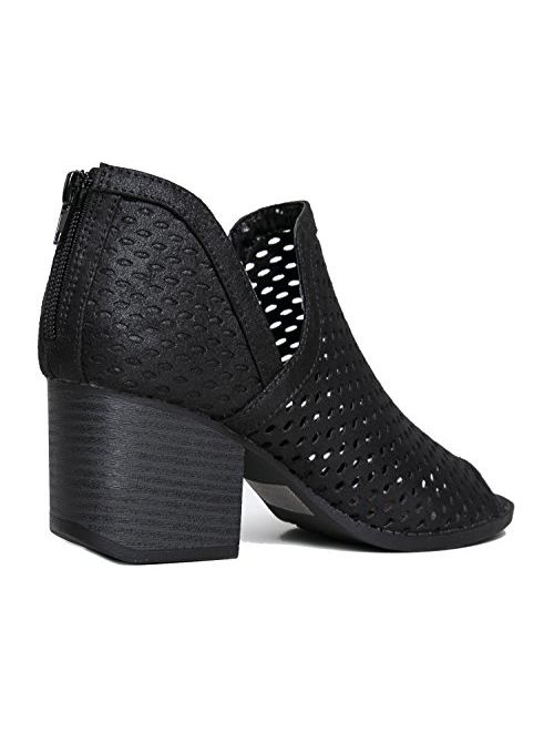 J. Adams Perch Perforated Bootie - Distressed Leather Block Heel Cut Out Boot