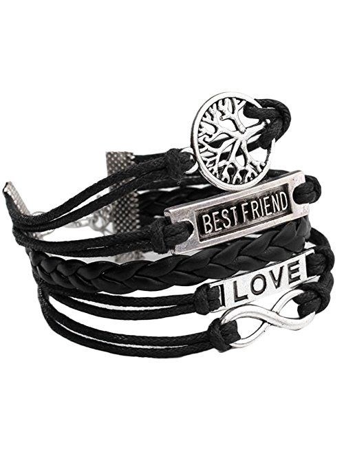 Jovivi Multilayer Charm Infinity Love Best Friend Wish Wrap Cuff Bracelet,2pc