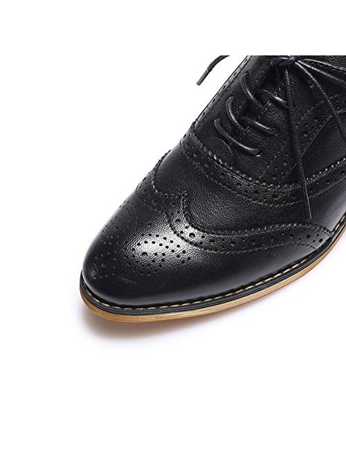 Mona flying Women's Leather Perforated Lace-up Oxfords Brogue Wingtip Derby Saddle Shoes for Girls ladis Women