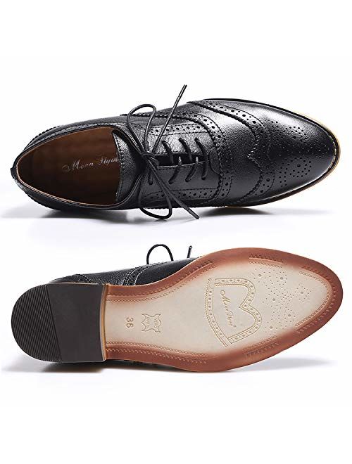 Mona flying Women's Leather Perforated Lace-up Oxfords Brogue Wingtip Derby Saddle Shoes for Girls ladis Women