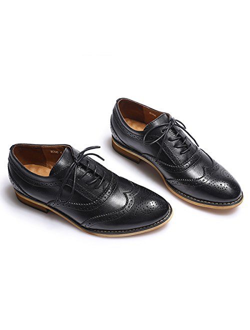 Mona flying Women's Leather Perforated Lace-up Oxfords Brogue Wingtip Derby Saddle Shoes for Girls ladis Women