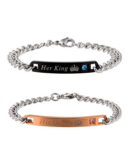 SXNK7 Gift for Lover His Queen Her King Stainless Steel Couple Bracelets for Women Men Jewelry Matching Set