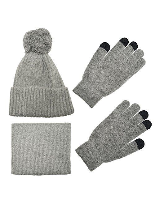 MOSANDON Knit Scarf/Hat/Gloves Set, Soft Warm Beanie, Touch Screen Unisex Cable Knit Winter Cold Weather Gift