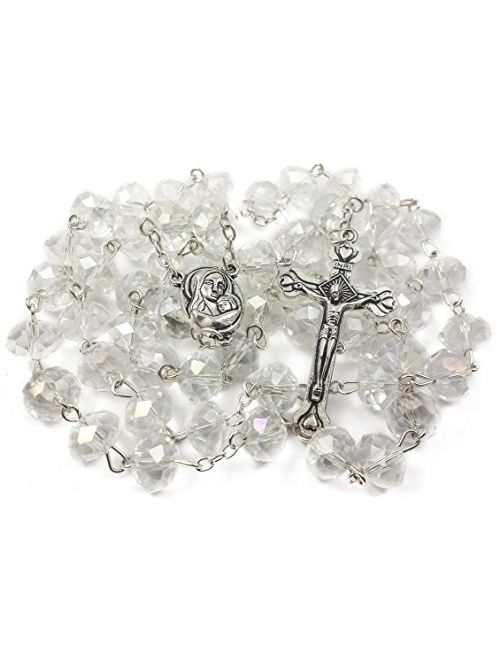 Catholic Rosary White Clear Crystal Beads Necklace with Holy Soil Medal and Metal Cross Communion Rosary Nazareth Store Velvet Gift Bag