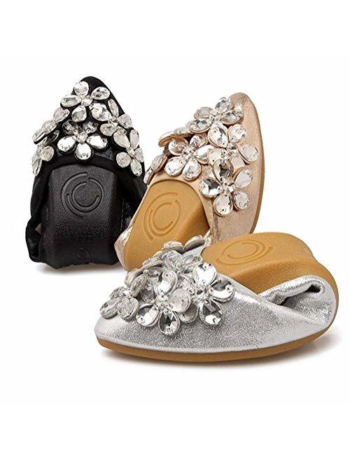 CANPPNY Women Wedding Flats Rhinestone Wedding Ballerina Shoes Foldable Sparkly Bridal Slip on Flat Shoes
