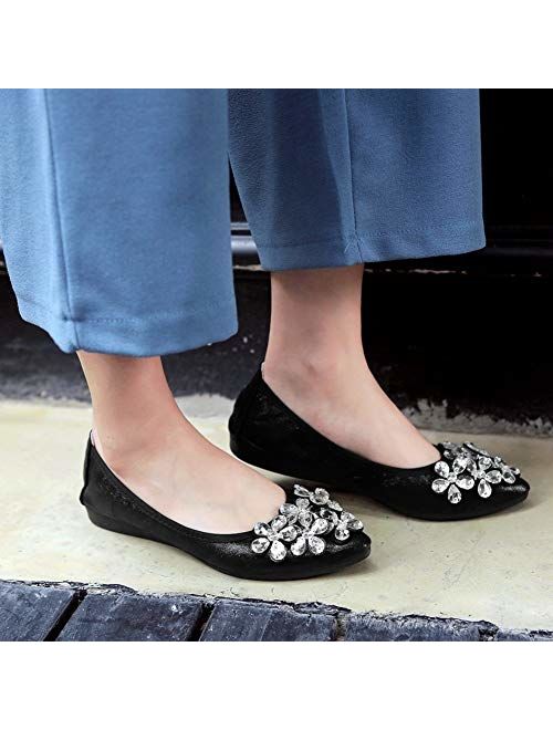 CANPPNY Women Wedding Flats Rhinestone Wedding Ballerina Shoes Foldable Sparkly Bridal Slip on Flat Shoes