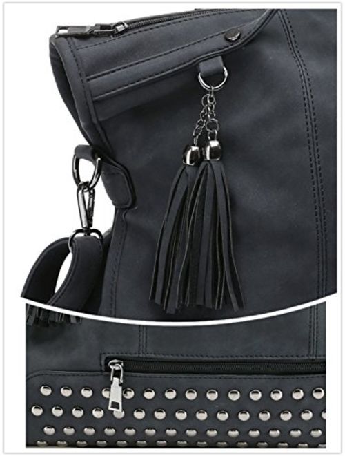 Mn&Sue Punk Motorcycle Rivet Studded Tassel Leather Women Handbags Top Handle Satchel Shoulder Tote Bag