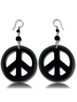 Earth Accessories Peace Sign Dangle Earrings with Organic Wood - Earring Hippie Accessories and Hippie Costume for 60s or 70s