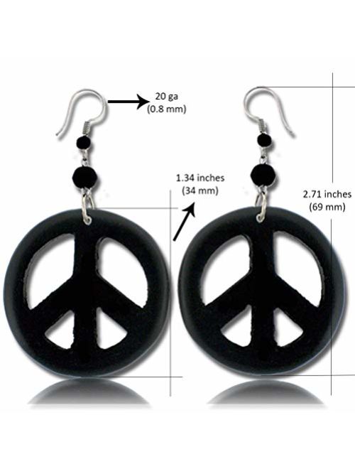 Earth Accessories Peace Sign Dangle Earrings with Organic Wood - Earring Hippie Accessories and Hippie Costume for 60s or 70s