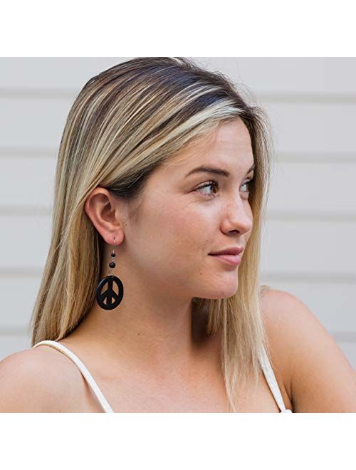 Earth Accessories Peace Sign Dangle Earrings with Organic Wood - Earring Hippie Accessories and Hippie Costume for 60s or 70s