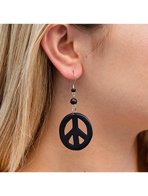 Earth Accessories Peace Sign Dangle Earrings with Organic Wood - Earring Hippie Accessories and Hippie Costume for 60s or 70s