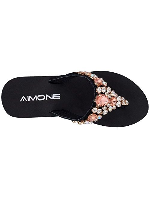 AIMONE_Aurelie Flip Flops for Women Black Platform Wedge Peach Bling Rhinestone Sandals