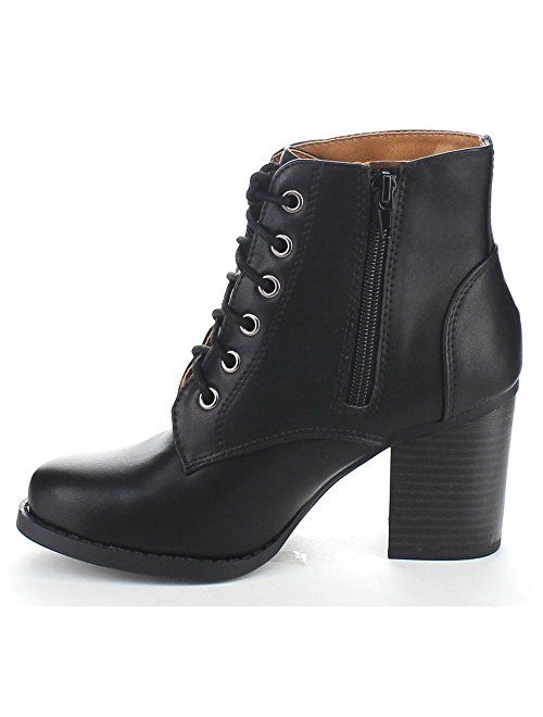 SODA Women Korman Cute Chunky Lace Up Leatherette Zipper Ankle Bootie