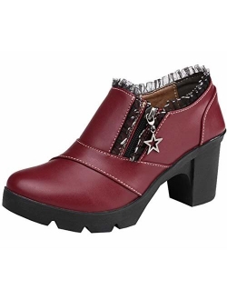 Women's Casual Zipper Lace Platform Mid-Heel Square Toe Oxfords Dress Shoes