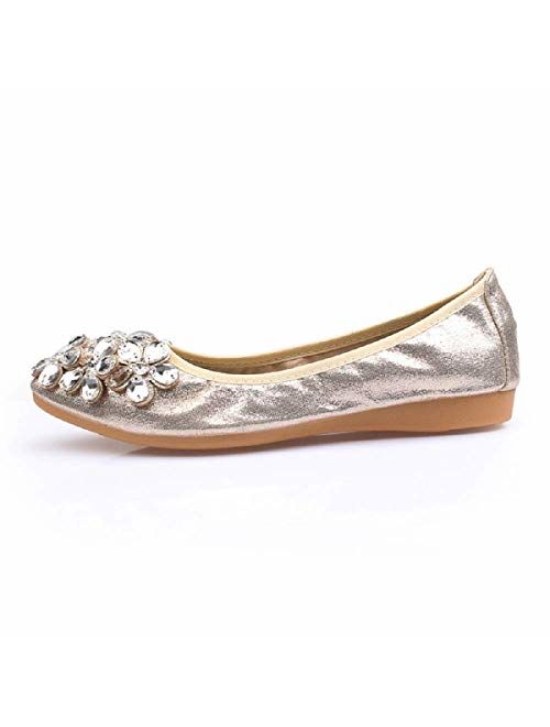 Lauthen.S Women Foldable Ballet Flats, Pointed Toe Wedding Rhinestone Slip on Flat Shoes
