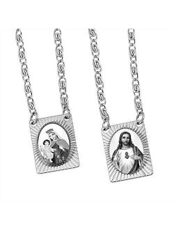 Scapulars Catholic I Sacred Heart of Jesus & Our Lady of Mount Carmel Medals I Stainless Steel Scapular Necklace for Women & Men - 14 Inch I escapularios catolicos I Cath