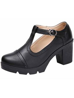 Women's Leather Classic T-Strap Platform Chunky Mid-Heel Square Toe Oxfords Dress Pump Shoes