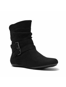 Lindell Women's Fashion Flat Heel Calf Boots Side Zipper Slouch Ankle Booties